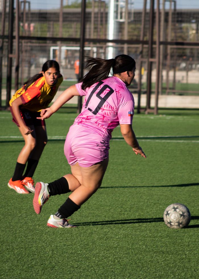 Dynamic image of women playing soccer on a sunny day outdoors.